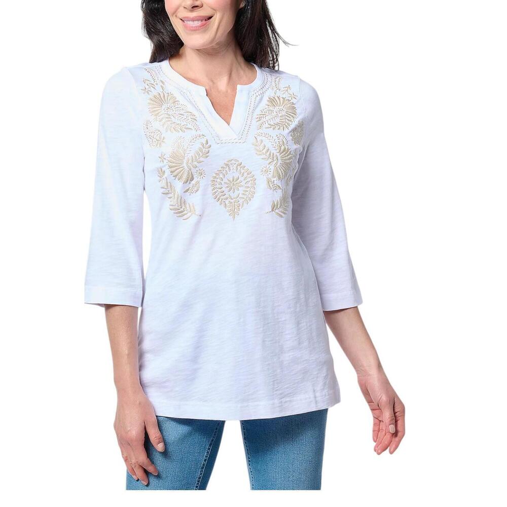 Bellisima by Kim Gravel Women's SlubKnit Artisan Embroidered Top White - Regular